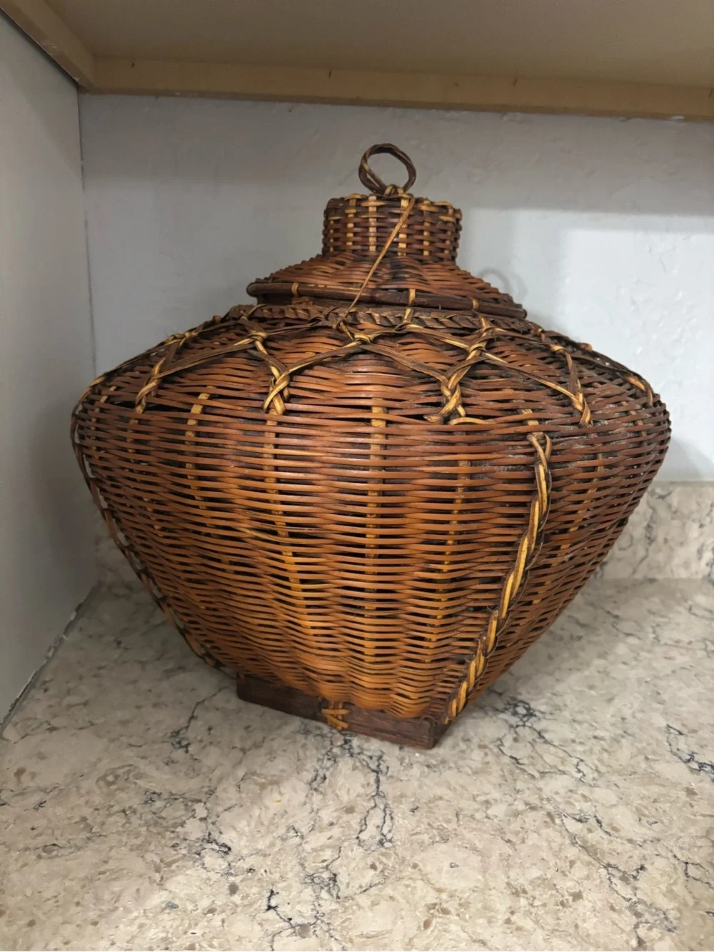 Vintage Asian Woven Rattan Basket with Square Base and Lid Home Decor